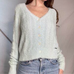 Abercrombie & Fitch Classic Long Sleeve Baby Blue Fuzzy V Neck Cardigan Sz Xs